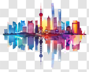 Shanghai City Silhouette - Vibrant City Skyline With Reflection Transparent PNG