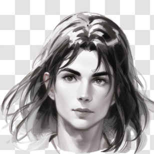 Portrait - Black And White Anime Character With Long Hair Transparent PNG