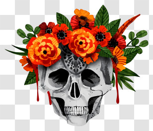 Halloween Skull Flowers - Skull With Orange Flowers Transparent PNG