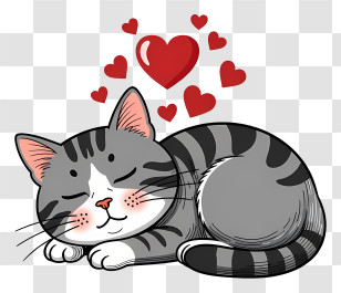 Sleeping Grey Tabby Cat With Hearts Transparent PNG