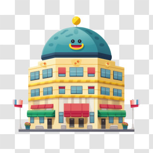 Department Store - Cartoon Building With Smiling Face And Flags Transparent PNG