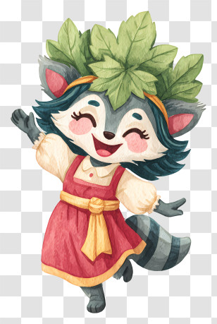 Raccoon Girl Mascot - Happy Raccoon Girl In Leaf Crown Transparent PNG