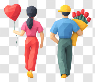 Couple Walking Together - Romantic Couple With Balloon & Flowers Transparent PNG