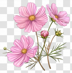 Cosmos Flowers - Pink Cosmos Flowers Illustration Transparent PNG