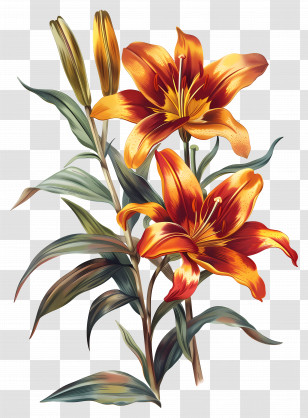 Lily Flower - Bright Orange Lilies Illustration With Leaves Transparent PNG