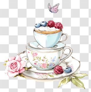 Teapot - Teacups With Berries And Floral Design Transparent PNG