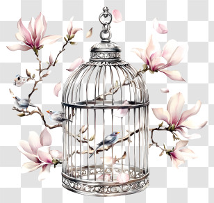 Magnolia Flowers And Bird Cage - Birdcage With Magnolia Flowers Transparent PNG