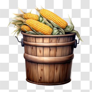 Corn - Harvested Corn In A Wooden Bucket Transparent PNG