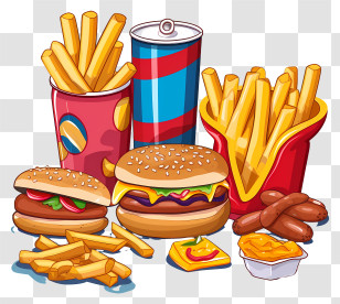 Fast Food - Fast Food Illustration With Burgers, Fries, And Soda Transparent PNG