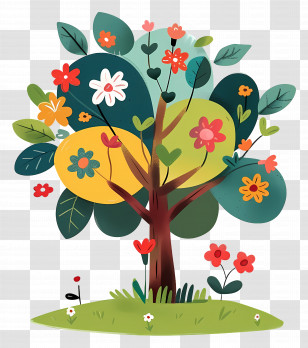 Cartoon Tree - Colorful Cartoon Tree With Flowers Transparent PNG