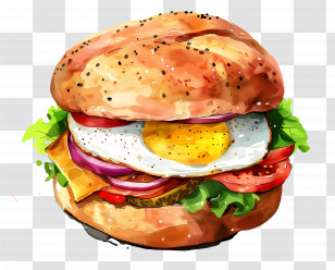 Breakfast Sandwich - Tasty Burger With Egg And Vegetables Transparent PNG