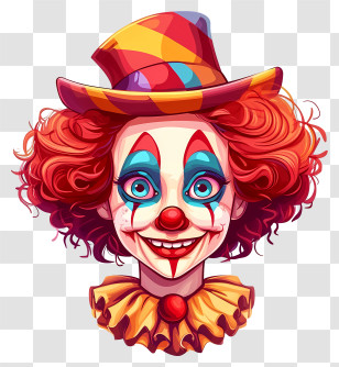 Clown - Colorful Clown Face With Red Hair And Hat Transparent PNG