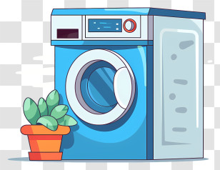 Washing Machine - Modern Blue Washing Machine With Plant Transparent PNG