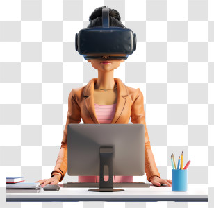 Wearing Vr Headset - Cartoon Woman Using VR Headset At Desktop Transparent PNG