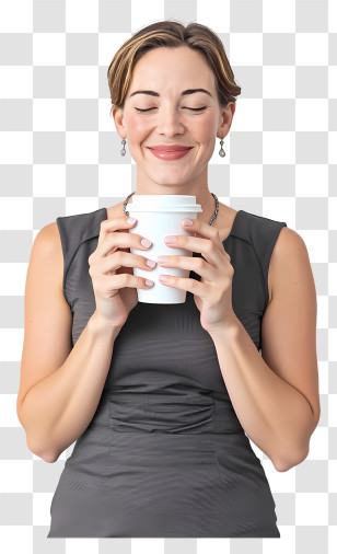 Woman Holding Coffee - Content Woman Enjoying Coffee Transparent PNG