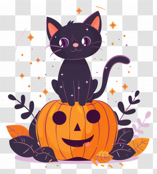 Halloween Cat - Black Cat On Halloween Pumpkin With A Festive Setting Transparent PNG