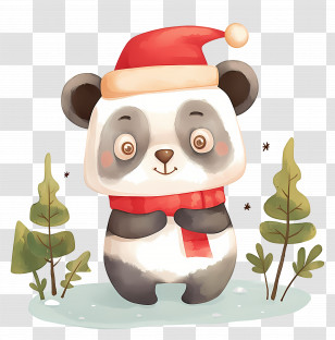 Cute Panda - Cartoon Panda In Christmas Hat And Scarf Transparent PNG