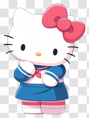 Cute Hello Kitty - White Cartoon With Pink Bow In Blue Outfit Transparent PNG