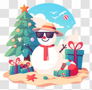 Beach Christmas Snowman - Christmas Snowman In A Fun Beach Scene Transparent PNG