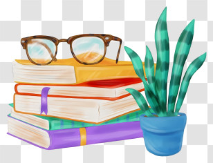 Book - Stack Of Books With Glasses And Plant Transparent PNG