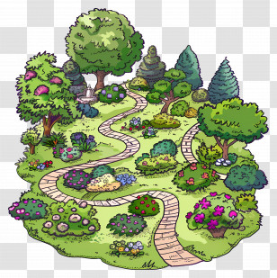 Garden Path - Cartoon Illustration Of Garden With Pathway And Trees Transparent PNG