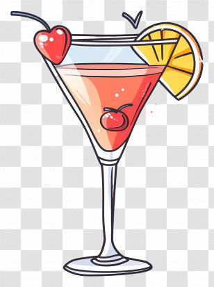 Cartoon Cocktail - Cocktail Glass With Cherry And Orange Slice Transparent PNG