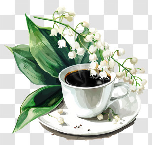 Spring Coffee Time - Coffee Cup Decorated With Lily Flowers Transparent PNG