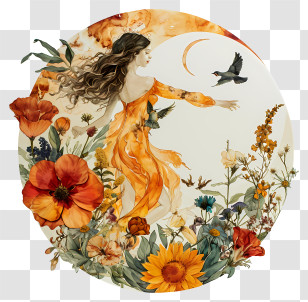 March Equinox - Woman In A Floral Dress With Bird And Flowers Transparent PNG