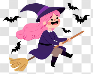 Halloween Witch On Broom - Flying Witch On Broom With Bats Transparent PNG