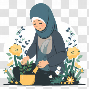 Hijab Girl Doing Gardening - Gardener Planting Flowers In A Garden Transparent PNG