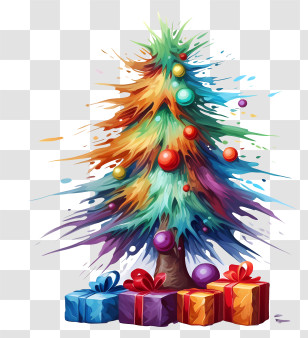 Tree With Paint Splashes - Colorful Christmas Tree With Decorative Presents Transparent PNG
