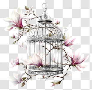 Magnolia Flowers And Bird Cage - Birdcage With Flowers And Blossoming Branches Transparent PNG