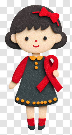Girl Holding Red Awareness Ribbon - Cartoon Girl With Red Ribbon Transparent PNG