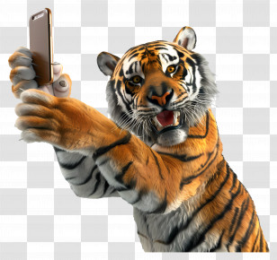 Selfie Animal - Cartoon Tiger Taking A Selfie With A Smartphone Transparent PNG