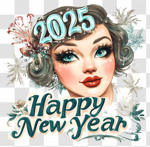 2025 Happy New Year - Vintage Girl Happy New Year 2025 Greeting Transparent PNG