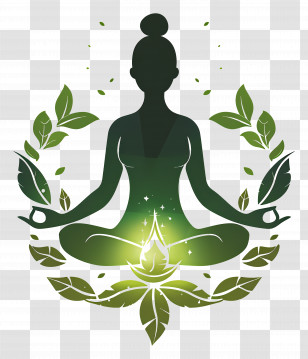 Yoga Symbol - Yoga Pose Silhouette With Green Leaves Transparent PNG