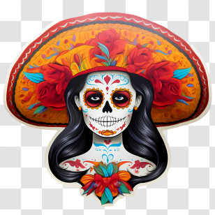 Mexican Catrina - Day Of The Dead Woman Illustration With Floral Hat Transparent PNG