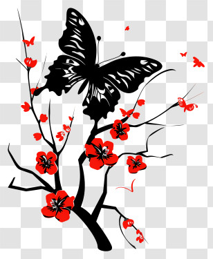 Butterfly Silhouette - Butterfly And Red Flowers Illustration Transparent PNG