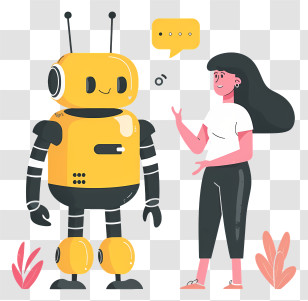 Woman Talking With Robot - Woman Interacting With Yellow Robot Transparent PNG