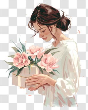 Mothers Day Gift - Woman Holding Flowers And A Gift Transparent PNG