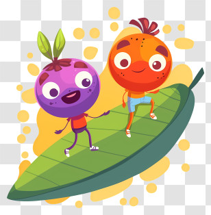 Cartoon Fruits - Playful Fruit Characters On Leaf Transparent PNG