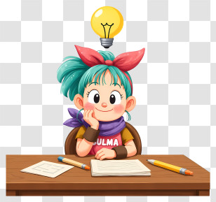 Bulma Thinking - Cute Girl With Idea At Desk Transparent PNG