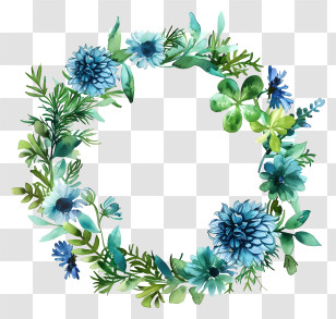 Flowers Circle - Green Floral Wreath With Blue Flowers Transparent PNG