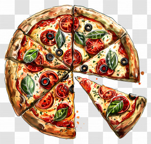 Pizza - Italian Pizza Slices With Basil And Tomato Toppings Transparent PNG