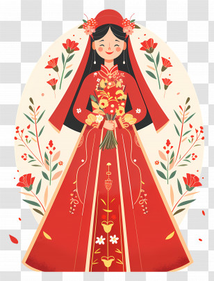 Traditional Bride - Woman In Red Traditional Dress With Floral Patterns Transparent PNG