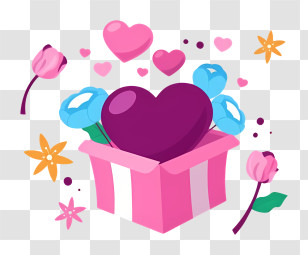 Pink Gift Box - Heart And Flowers In A Gift Box Transparent PNG