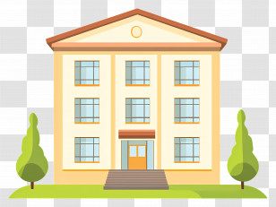 Cartoon School - School Building With Green Trees Transparent PNG