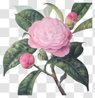 Spring Flowers - Beautiful Pink Flower With Buds And Leaves Transparent PNG