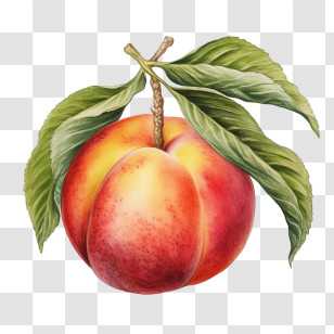 Peach - Illustration Of Ripe Peach With Leaves Transparent PNG