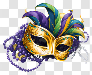 Mask - Elegant Golden Masquerade Mask With Feathers And Beads Transparent PNG